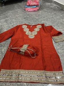 Red Embellished Kurta Set with Matching Potli Bag