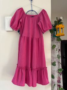 Pink Puff Sleeve Tiered Midi Dress