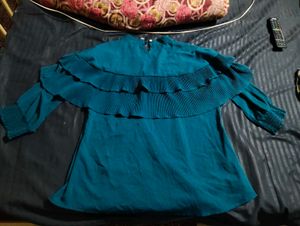 Teal Ruffle Neck Top