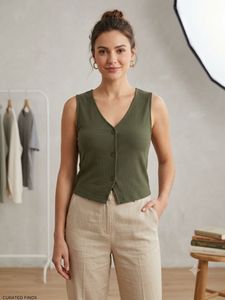 Ribbed Button-Up V-Neck Sleeveless Crop Top