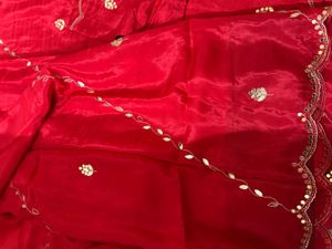 Vibrant Red Silk Saree with Embellishments