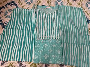Green and white striped kurta set