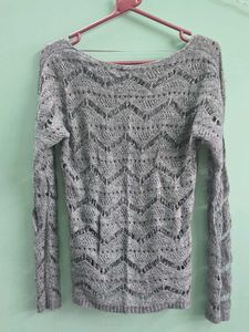 Chic Grey Crochet Knit Sweater