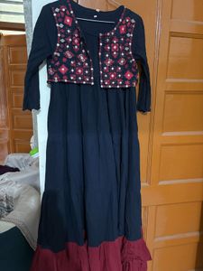 Elegant Navy Maxi Dress with Embroidered Jacket