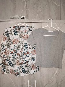 Floral Blouse and Grey Crop Top