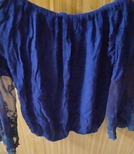 Blue Off-Shoulder Top Lace Sleeves