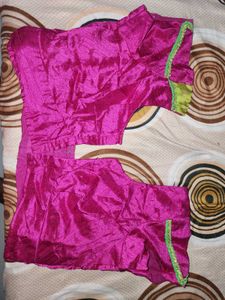 Vibrant Pink Silk Blouse with Green Trim