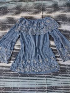 Blue Off-Shoulder Embroidered Top