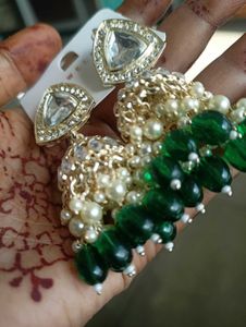 Green &amp; Gold Jhumka Earrings