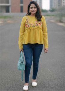 Embroidered Yellow Swiss Dot Peplum Blouse
