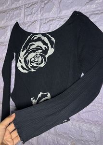 Black Rose Print Long Sleeve Top