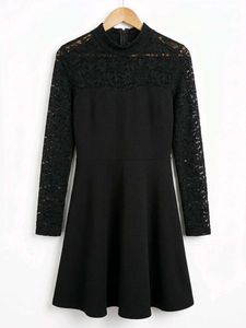 Black Lace High-Neck Fit and Flare Skater Dress