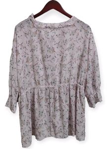 Floral Ruffle Trim Tie Neck Top