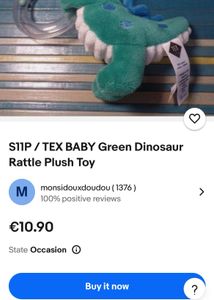 S11P / TEX BABY Green Dinosaur Rattle Plush Toy