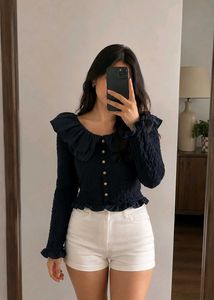 Chic black Ruffled Neck Top