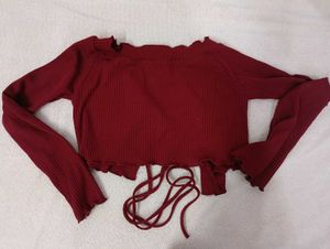 Maroon Ribbed Tie-Up Crop Top