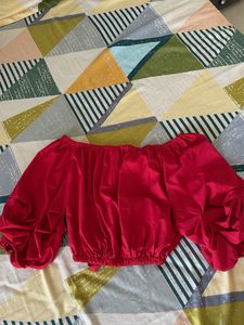 Red Off-Shoulder Crop Top with Puff Sleeves