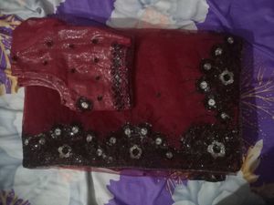 maroon net saree