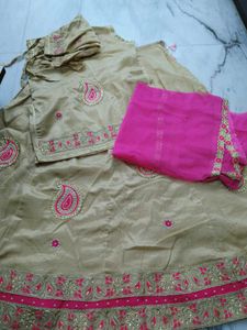 Stunning Golden Lehenga Choli with Pink Dupatta