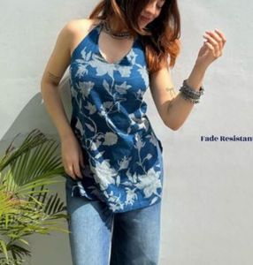 Blue Halter Neck Short Kurti