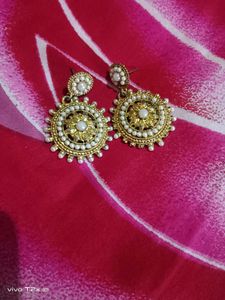 Exquisite Pearl & Gold Tone Jhumka Earrings