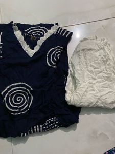 Navy Blue Kurta Set with White Pants
