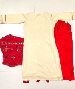 Cream Kurta with Red Pants &amp; Dupatta
