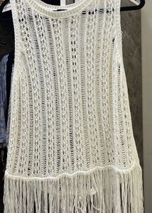 White Crochet Knit Fringe Top | Boho Beach Cover-U