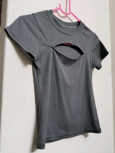 Fitted waist-snatching Grey Cut-out Ribbed Top