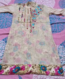 Elegant Beige Kurti with Floral Border