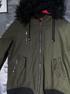 Green Bomber Jacket with Fur Hood
