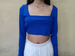 Royal Blue Ribbed Square Neck Crop Top