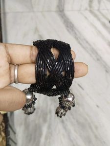 Black Beaded Bracelet with Tassels