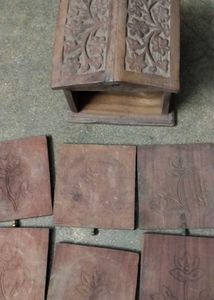 Vintage Hand Carved Wooden Box & Coasters