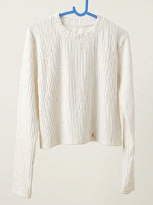 Cream Ribbed Long Sleeve Top with Sparkles