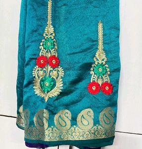 Teal Embroidered Silk Saree