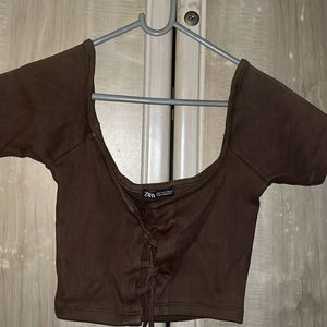 Brown Ribbed Lace-Up Crop Top