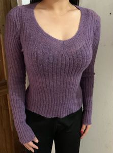Purple Ribbed V-Neck Sweater