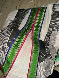 White Kurta with Tribal Print(with pants and shaw