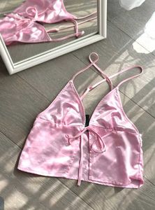 Pink Satin Tie-Detail Crop Top