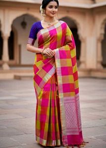 New Checked Saree With Stitched Blouse
