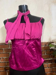 Vibrant Pink Halter Neck Top with Scarf