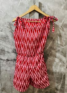 Boho Red & White Zigzag Print Romper