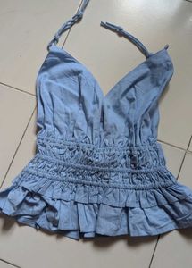 Light Blue Plunge Neck Peplum Top