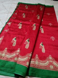 Red Saree with Peacock Motifs