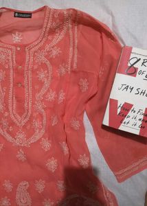 Coral Elegance Embroidered Kurti 🧡🌿