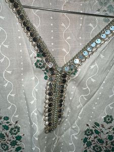 Elegant White Kurta with Green Floral Print