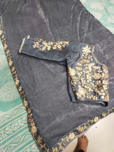 velvet grey saree with stiched blouse