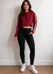 Maroon Cropped Hoodie with Black Leggings