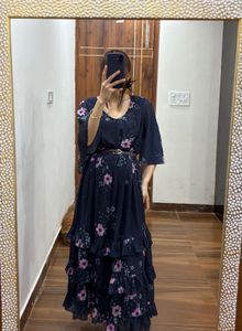 Indigo blue Floral Ruffle hem Midi Dress